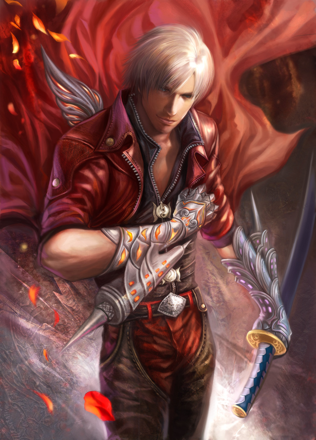 armored, armored_gloves, belt, devil_may_cry, dmc4, leather, male, realistic, red, solo, standing, sword, weapons, white_hair, yangfan