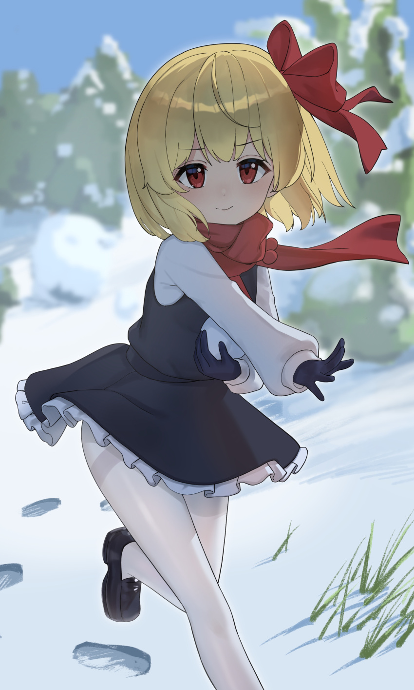 1girl, absurdres, black_footwear, black_gloves, black_skirt, black_vest, blonde_hair, blurry