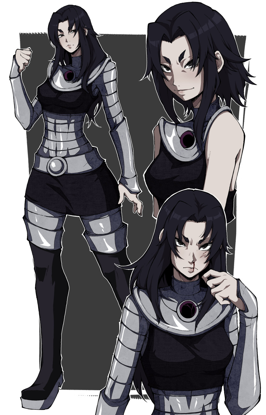 1girl, absurdres, arm_armor, armor, belt, black_eyes, black_footwear, black_hair
