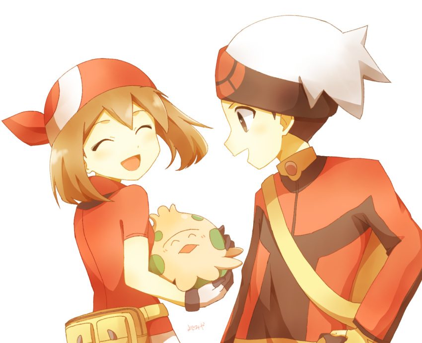 1boy, 1girl, bandana, black_gloves, brendan_(pokemon), brown_eyes, brown_hair, closed_eyes