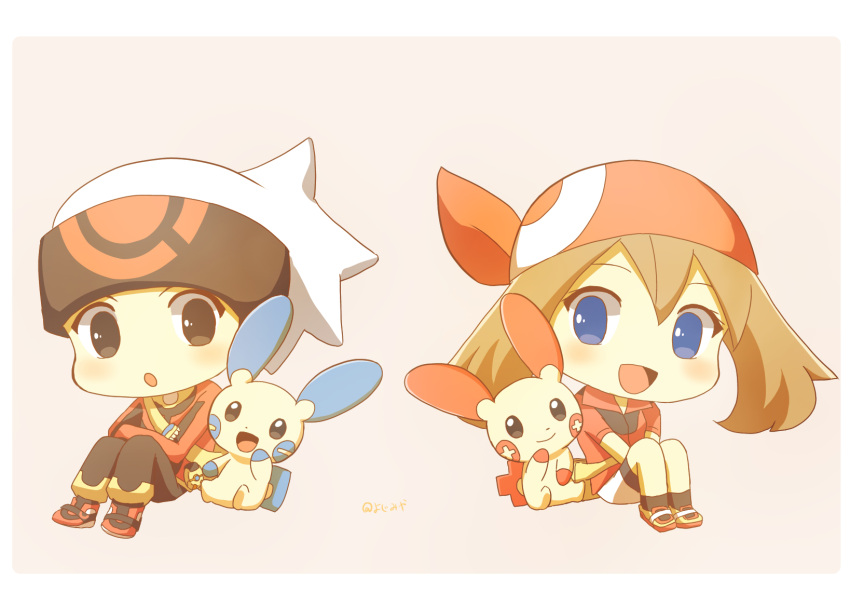 1boy, 1girl, :d, :o, bandana, black_pants, brendan_(pokemon), brown_eyes