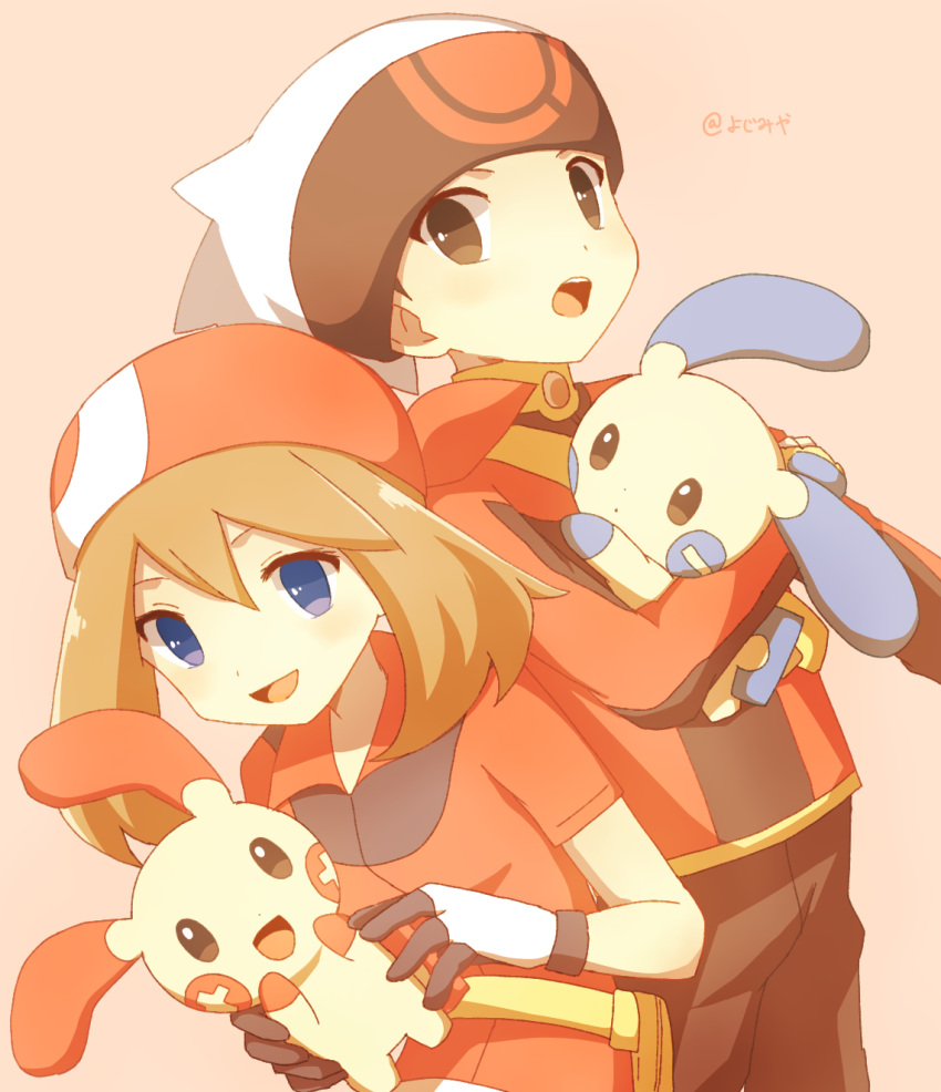 1boy, 1girl, :d, :o, bandana, black_gloves, blue_eyes, brendan_(pokemon)