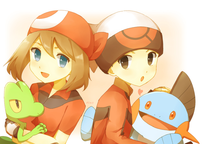 1boy, 1girl, :d, :o, bandana, brendan_(pokemon), brown_eyes, brown_hair