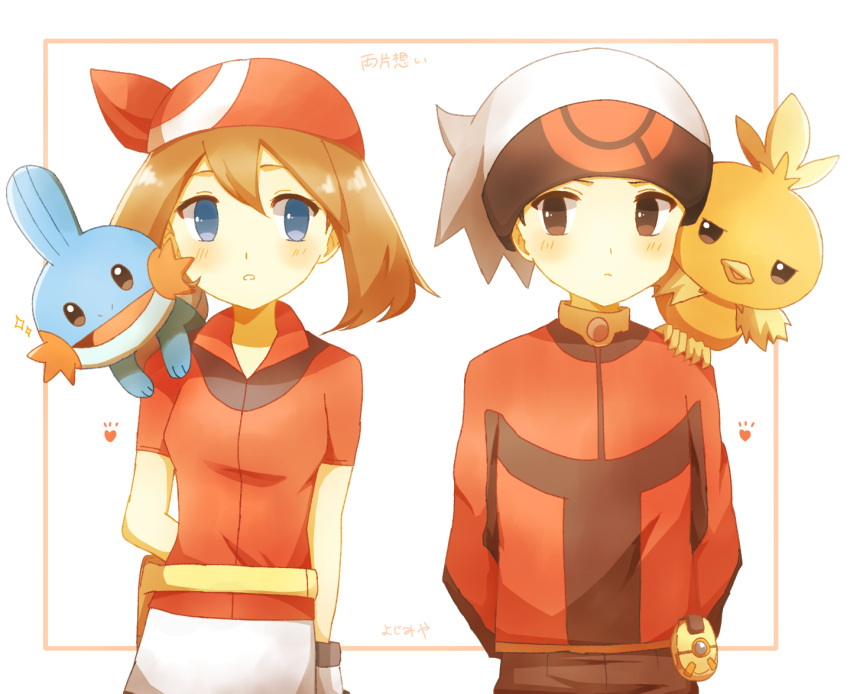 1boy, 1girl, arm_behind_back, bandana, blue_eyes, blush, brendan_(pokemon), brown_eyes
