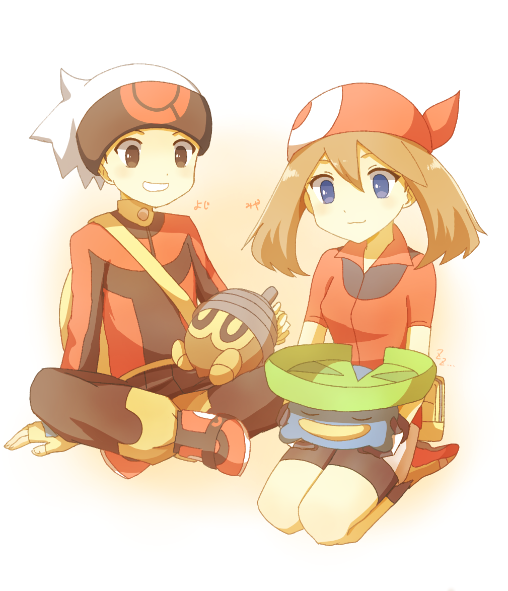 1boy, 1girl, bandana, black_gloves, black_pants, black_shorts, blue_eyes, brendan_(pokemon)