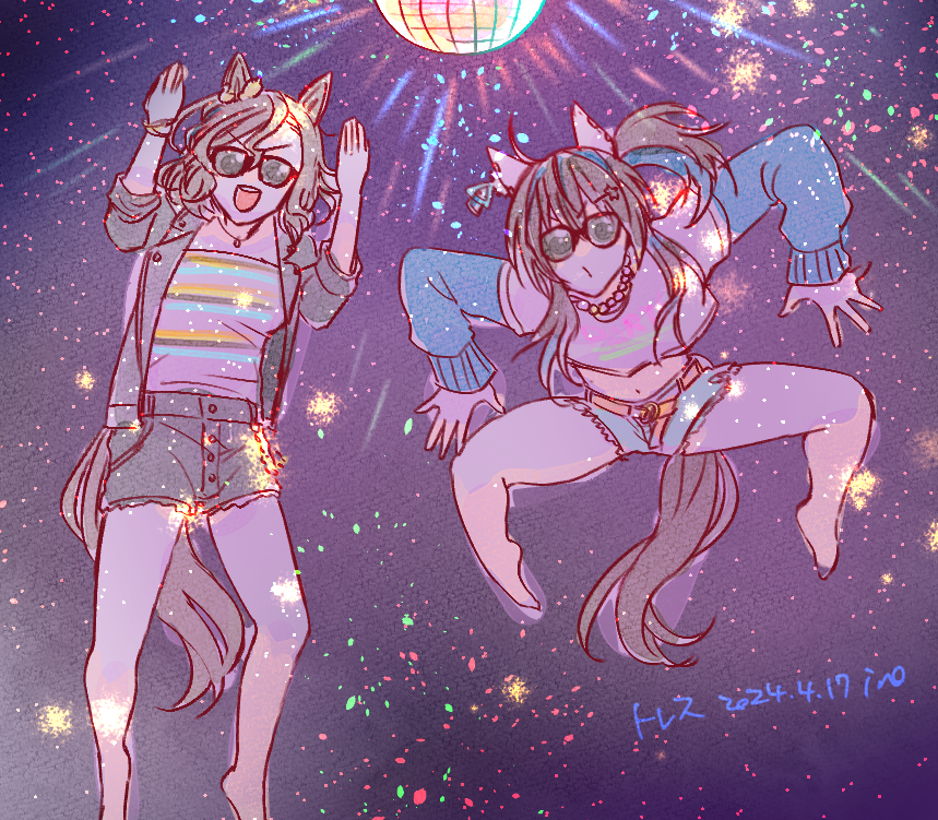 2girls, animal_ears, barefoot, black_jacket, blue_hair, brown_hair, colored_inner_hair, daitaku_helios_(umamusume)