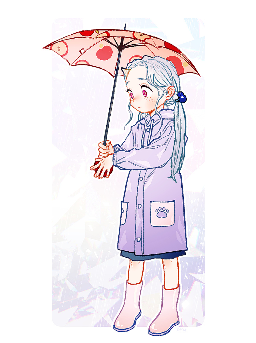 apple_print, blush, boku_no_hero_academia, boots, border, buttons, closed_mouth, coat