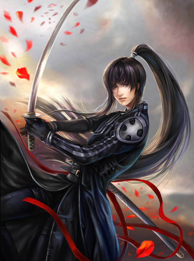 belt, black_gloves, black_hair, blue_eyes, clouds, d.gray-man, flower, gloves