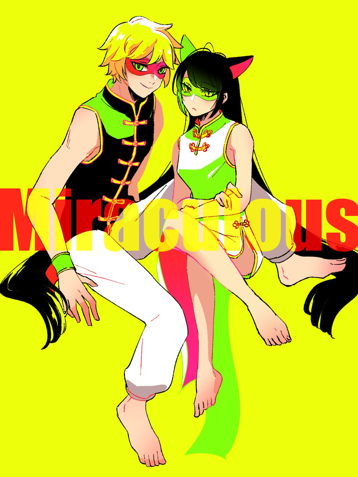 1boy, 1girl, adrien_agreste, animal_ears, black_hair, black_shirt, blonde_hair, cat_ears