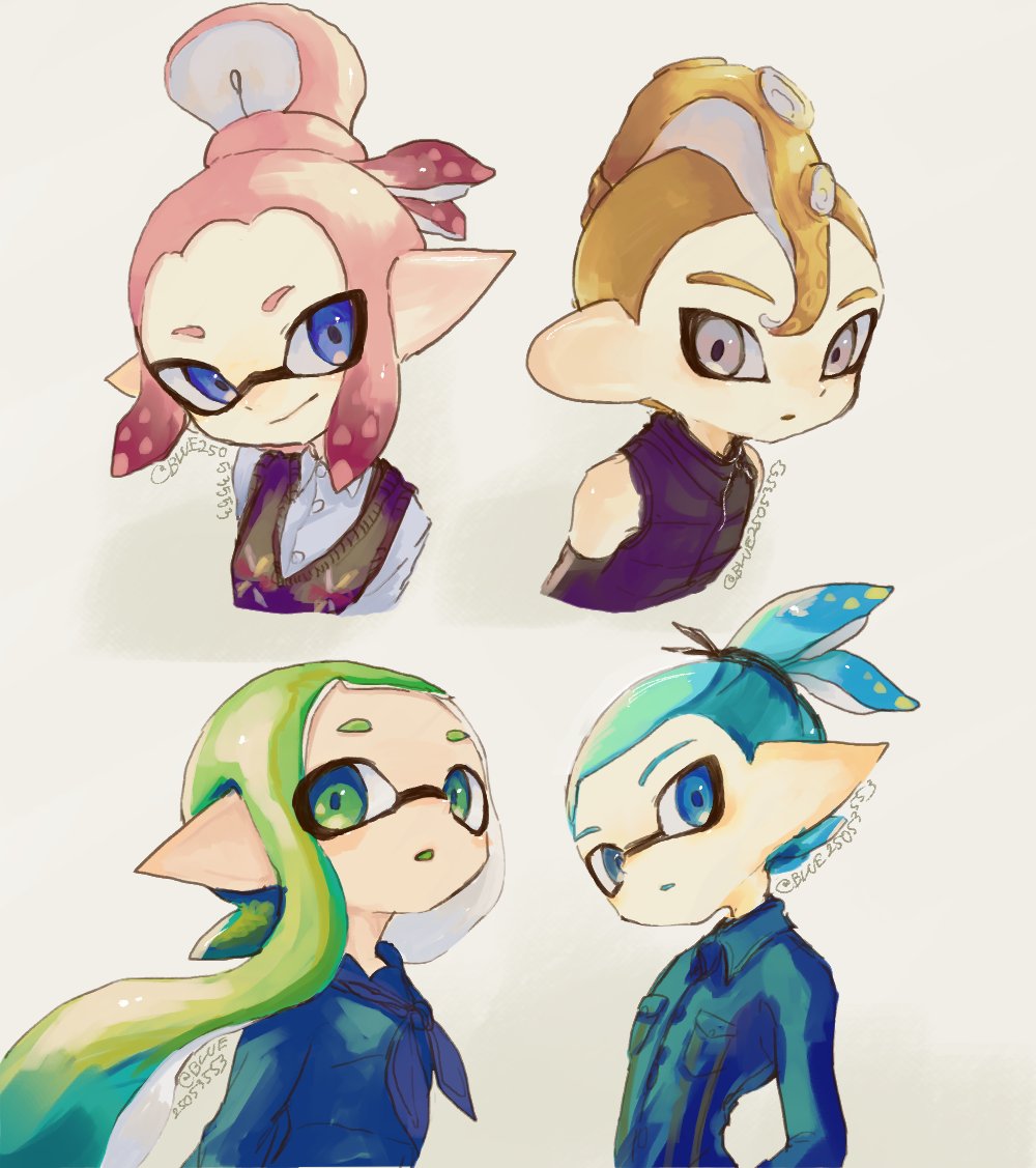 2boys, 2girls, blonde_hair, blue_eyes, blue_hair, blue_kei, closed_mouth, commentary_request