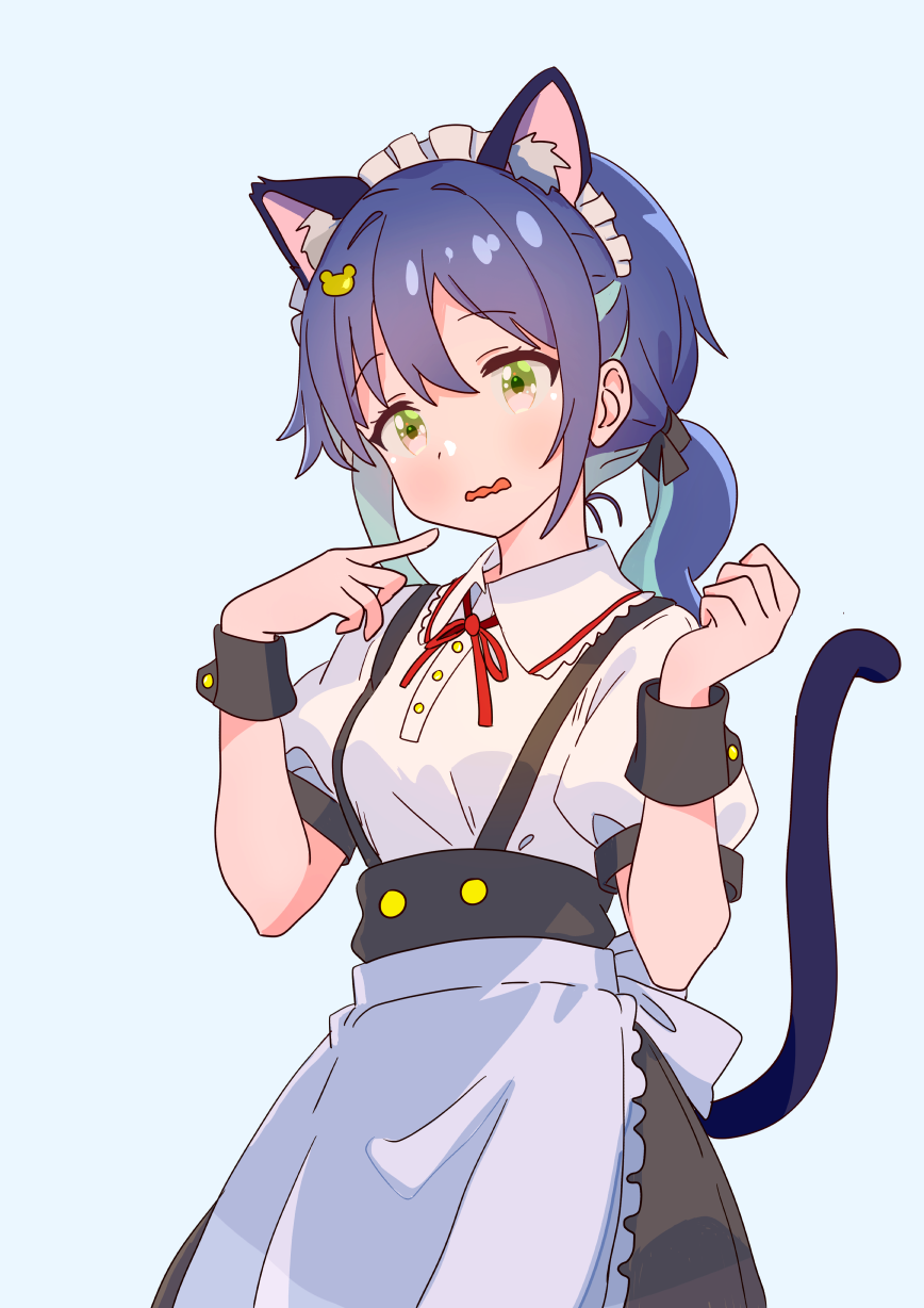 1girl, alternate_costume, animal_ear_fluff, animal_ears, apron, aqua_hair, black_skirt, blue_background