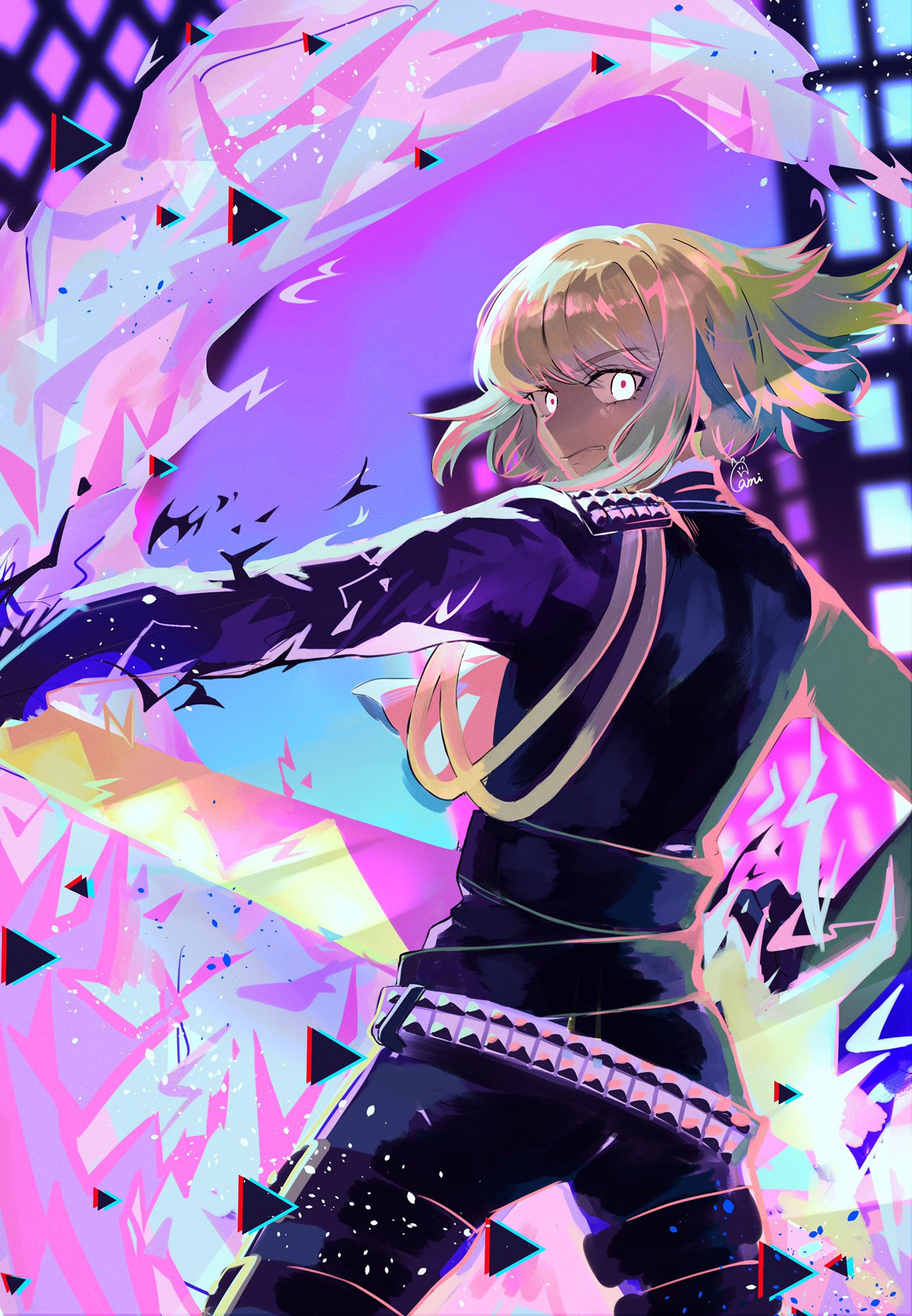 1boy, belt, black_jacket, black_pants, brown_hair, closed_mouth, cowboy_shot, eyelashes, from_behind, gami_ww, grimace, highres, jacket, lio_fotia, long_sleeves, looking_back, male_focus, pants, promare, red_pupils, short_hair, signature, solo, triangle