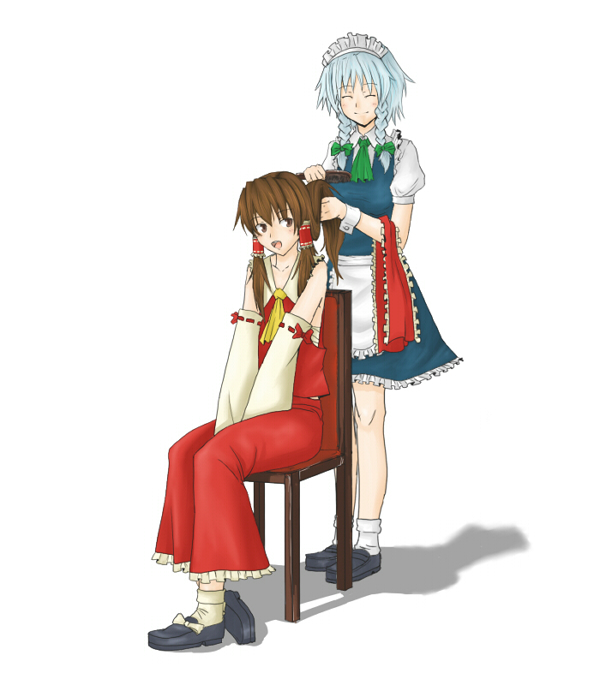 2girls, apron, ascot, bow, braid, brown_eyes, brown_hair, chair, chest_sarashi, closed_eyes, closed_mouth, comb, commentary_request, detached_sleeves, frilled_hair_tubes, frills, green_ascot, green_bow, grey_hair, hair_bow, hair_tubes, hakurei_reimu, hand_in_another's_hair, holding, holding_comb, izayoi_sakuya, long_hair, maid, maid_apron, maid_headdress, mekahisui, multiple_girls, on_chair, open_mouth, red_bow, red_skirt, ribbon-trimmed_sleeves, ribbon_trim, sarashi, shadow, shoes, short_sleeves, sitting, skirt, skirt_set, smile, socks, touhou, twin_braids, waist_apron, white_apron, yellow_ascot