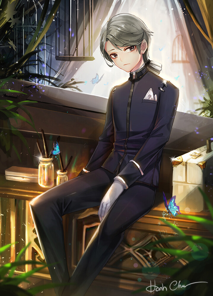 1boy, aesop_carl, between_legs, birdcage, black_jacket, black_pants, blue_butterfly, briefcase