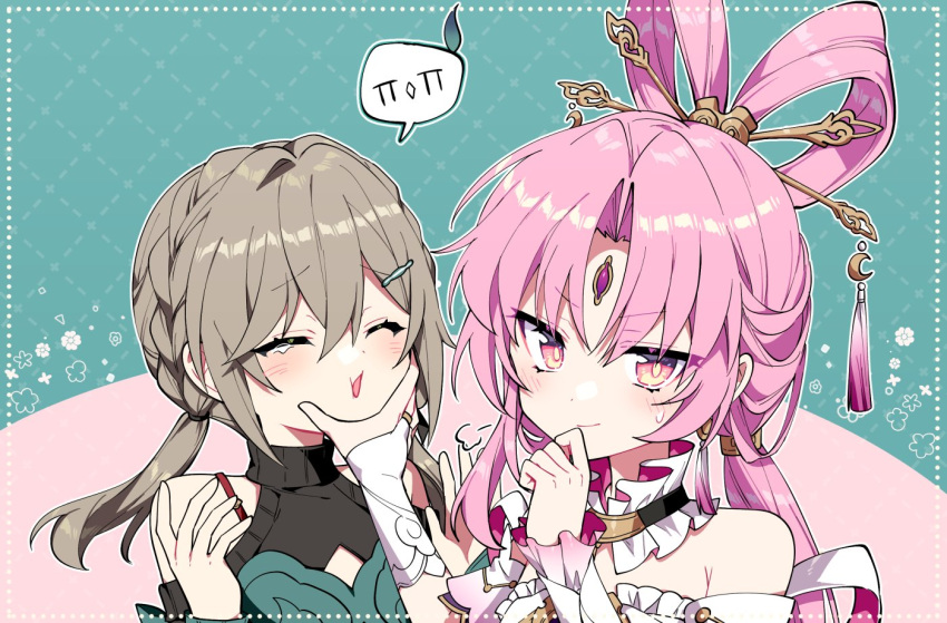 2girls, :o, argyle_background, black_sweater, blush, brown_hair, buchu14569590, cheek_pinching
