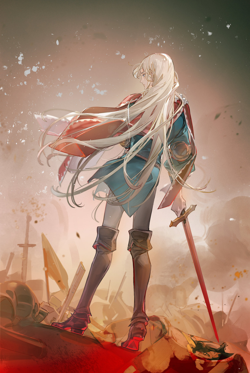 1boy, aramis_(unicorn_overlord), blonde_hair, blood, blood_on_weapon, blue_eyes, blue_jacket, boots