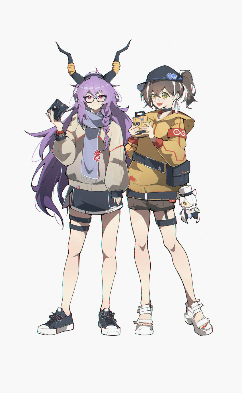 2girls, :d, absurdres, arknights, armband, baseball_cap, black-framed_eyewear, black_footwear