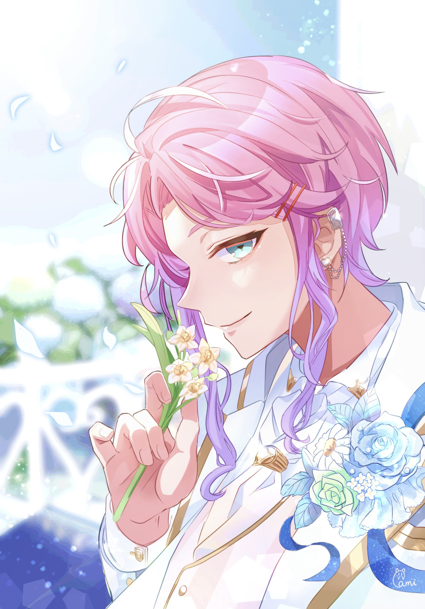1boy, amemura_ramuda, blue_eyes, blurry, blurry_background, closed_mouth, earrings, fingernails