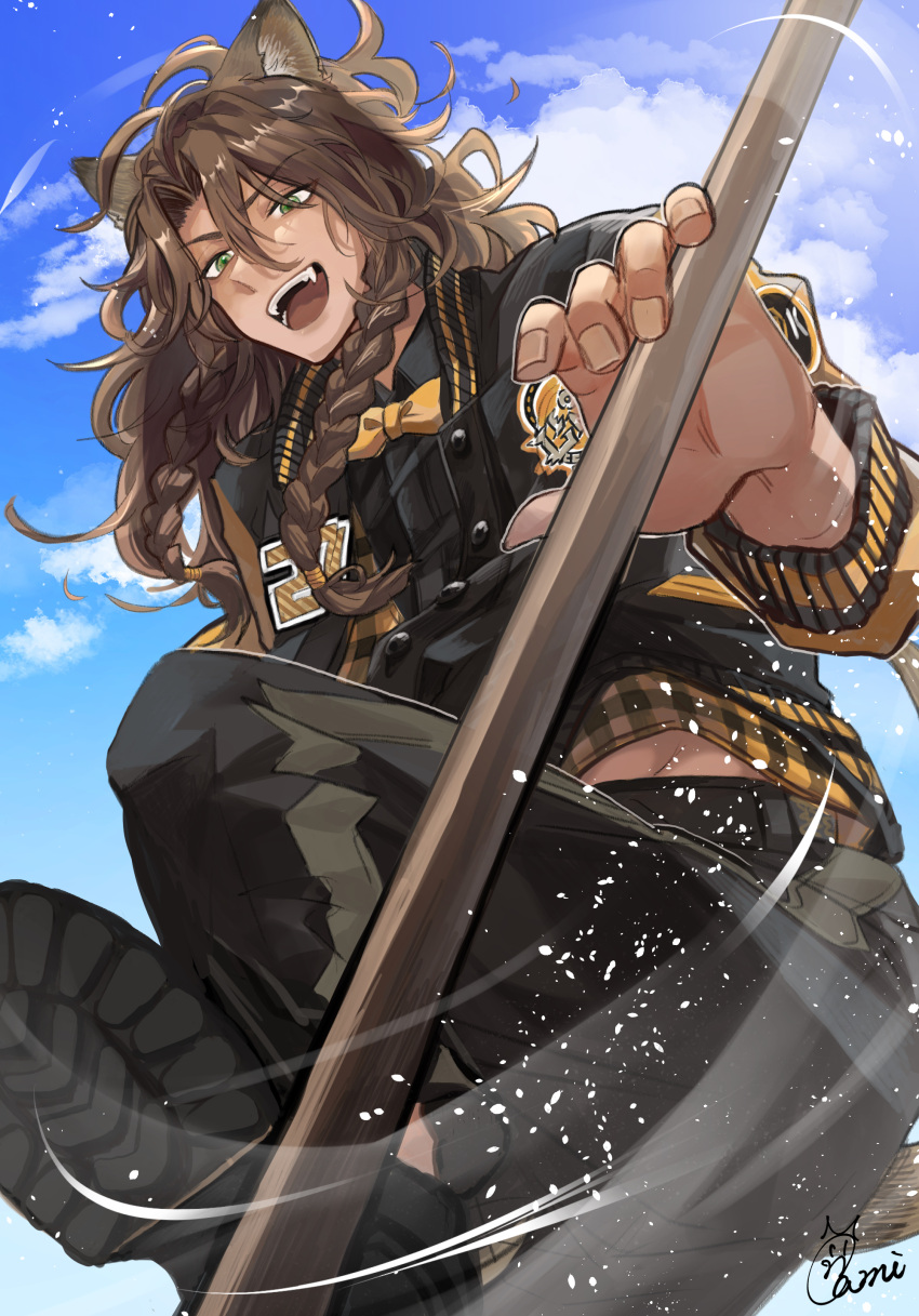 1boy, absurdres, animal_ears, belt, black_belt, black_jacket, blue_sky, bow