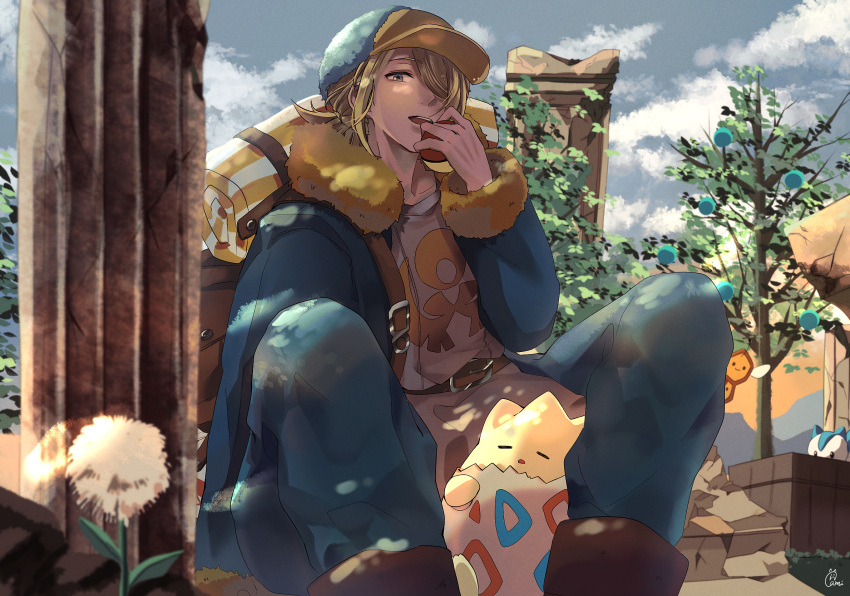 1boy, backpack, bag, belt, berry_(pokemon), blonde_hair, blue_coat, blue_hat