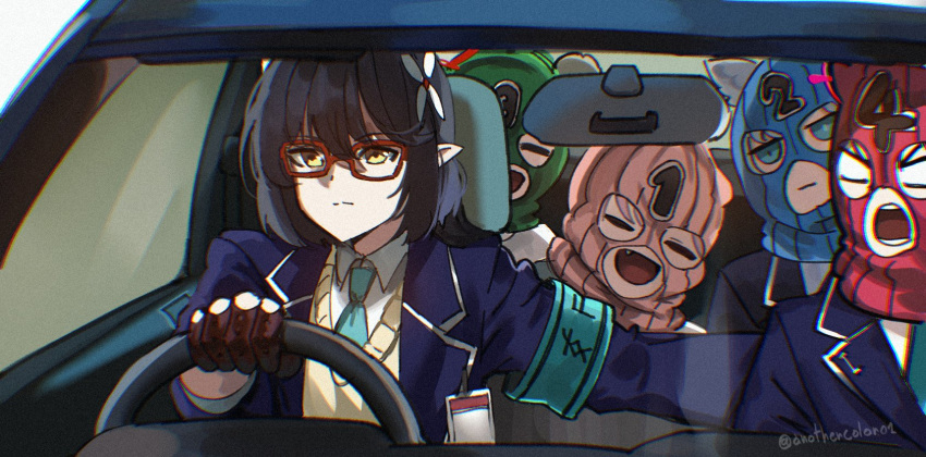 5girls, animal_ear_fluff, animal_ears, aqua_necktie, armband, ayane_(blue_archive), balaclava, black_gloves