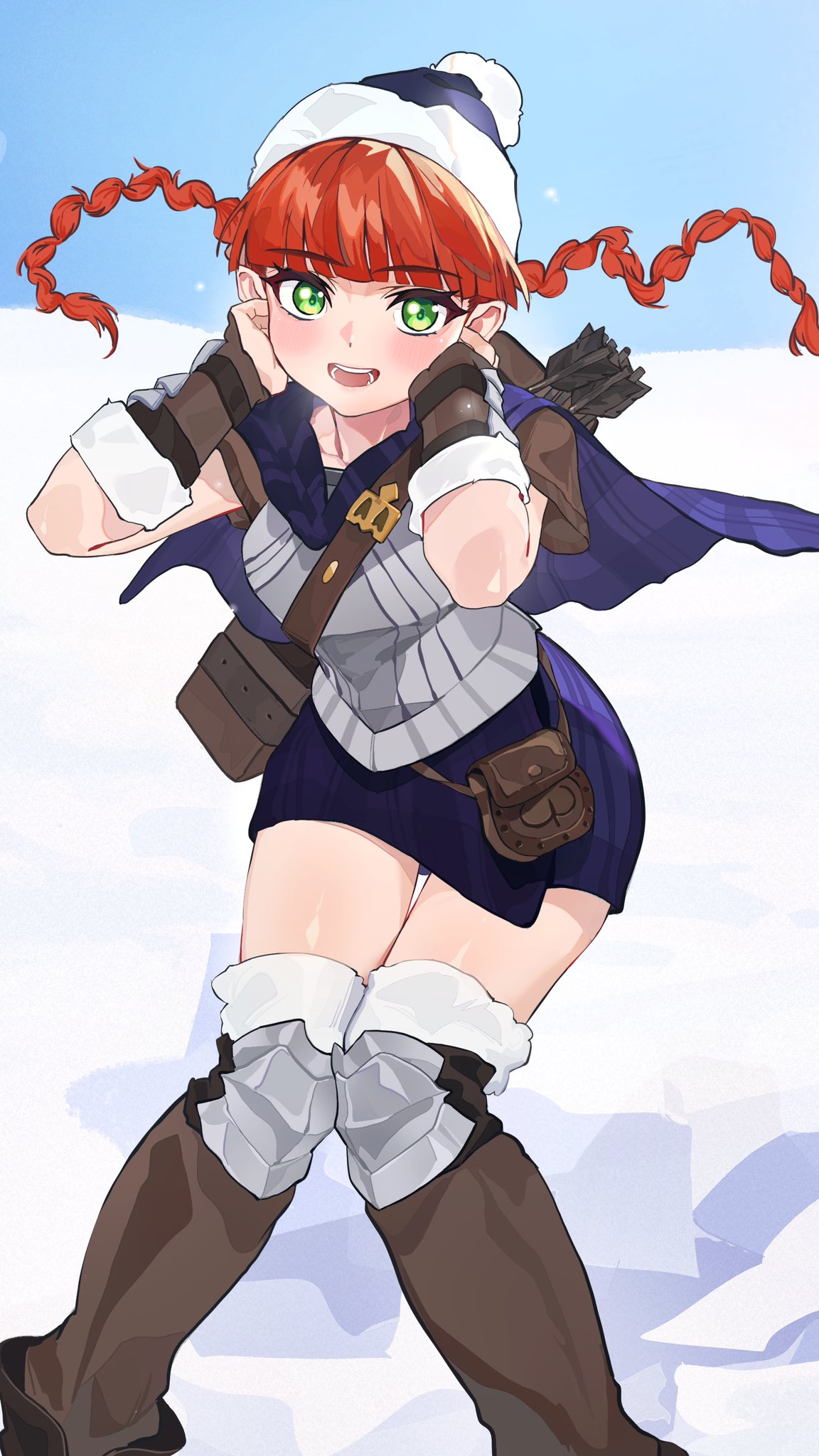 1girl, armor, blunt_bangs, boots, bracer, braid, breastplate, brown_footwear
