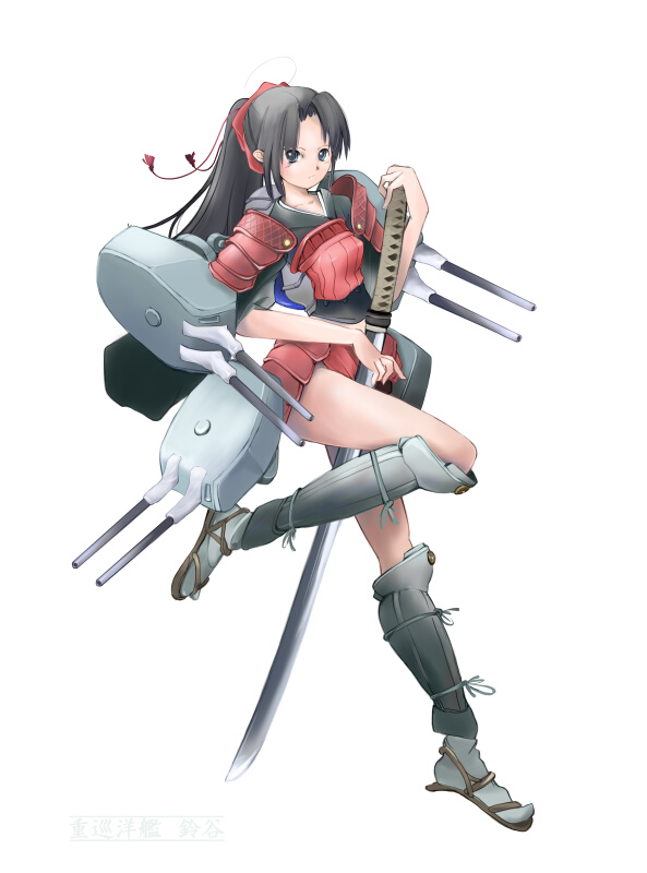 black_hair, cruiser, female, gun, hair_ribbon, imperial_japanese_navy, katana, long_hair, mecha_musume, military, nano, original, personification, ponytail, ribbon, samurai, sandals, ship, simple_background, solo, sword, weapon, world_war_ii, wwii