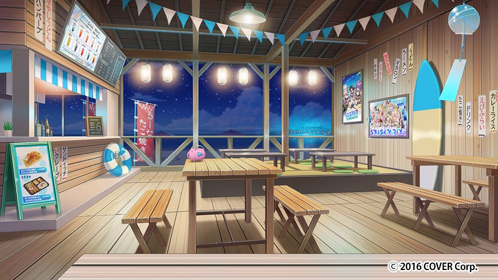 banner, beach, beach_umbrella, bench, bottle, clouds, copyright_notice, counter, cushion, fumesh0702, hanging_light, hololive, horizon, innertube, lantern, menu_board, night, no_humans, nobori, official_art, paper_lantern, piggy_bank, poster_(object), railing, restaurant, scenery, sky, star_(sky), starry_sky, string_of_flags, surfboard, swim_ring, table, tatami, umbrella, wind_chime, wooden_bench, wooden_floor, wooden_table, wooden_wall, zabuton