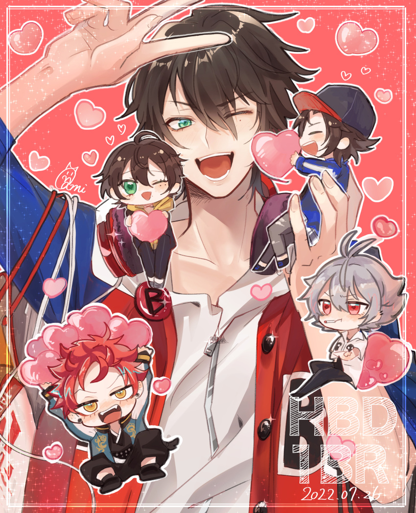 5boys, absurdres, baseball_cap, blue_jacket, brown_hair, character_request, chibi, cigarette, gami_ww, glint, green_eyes, grey_hair, hat, heart, highres, hypnosis_mic, jacket, letterman_jacket, looking_at_viewer, multiple_boys, one_eye_closed, open_mouth, pink_background, red_eyes, red_jacket, shirt, smoking, teeth, v, white_shirt, yamada_ichiro, zipper