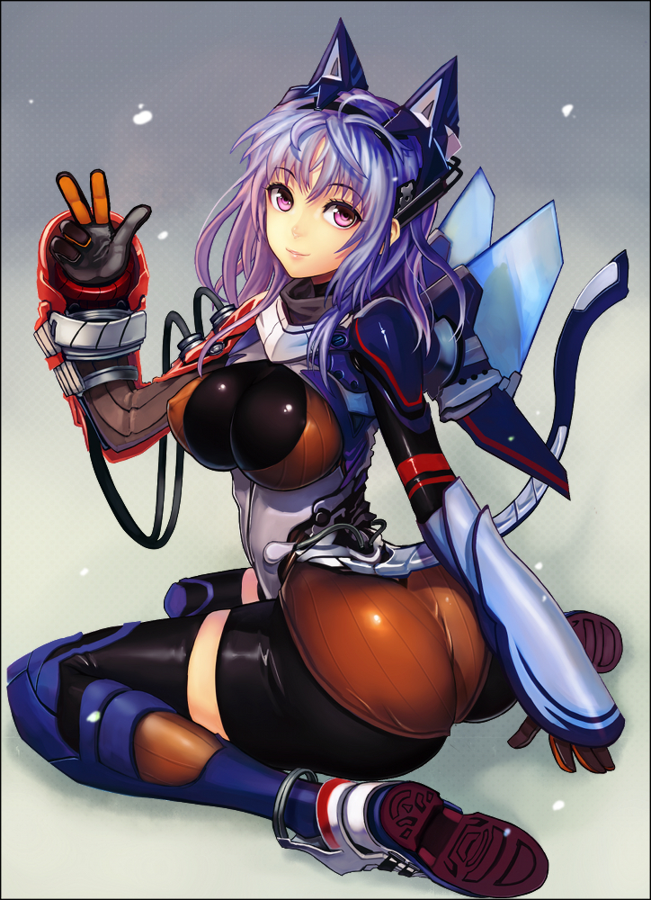 ass, breasts, chikokuma, erect_nipples, gloves, large_breasts, legs, mecha_musume, mechanical_wings, original, purple_eyes, purple_hair, sitting, solo, tail, thighhighs, thighs, v, violet_eyes, wariza, wings