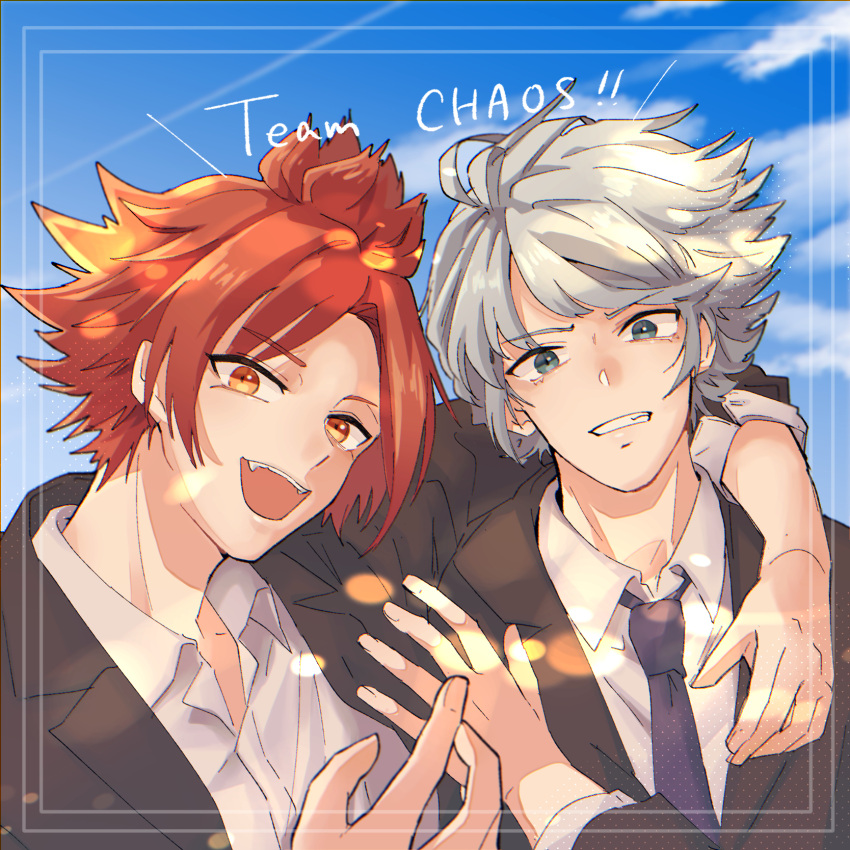 2boys, arm_around_neck, bishounen, black_necktie, blue_sky, brown_hair, collarbone, collared_shirt
