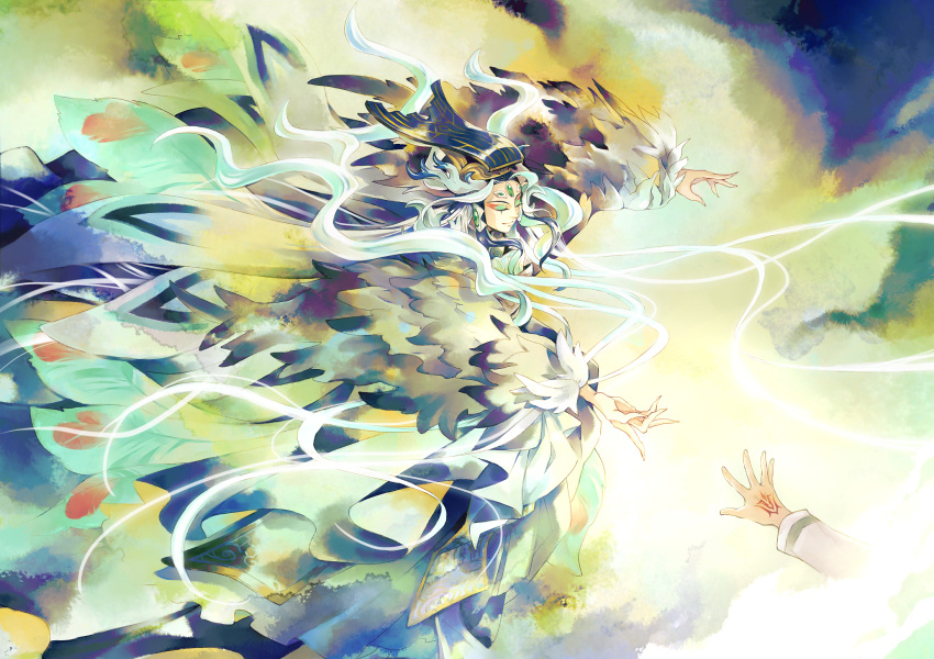 1boy, androgynous, black_hair, blue_hair, chinese_clothes, chinese_hat, command_spell, eyeshadow