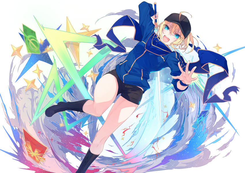 1girl, absurdres, ahoge, artoria_pendragon_(fate), baseball_cap, black_hat, black_shorts, blonde_hair
