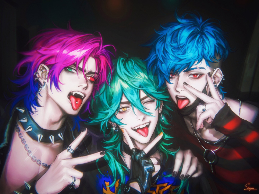 3boys, aphelios, black_choker, black_gloves, black_jacket, black_mask, black_nails, blue_hair