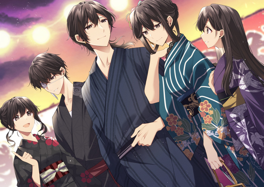 2boys, 3girls, :d, absurdres, aki_itoguchi, arm_at_side, asa_no_ha_(pattern), bag