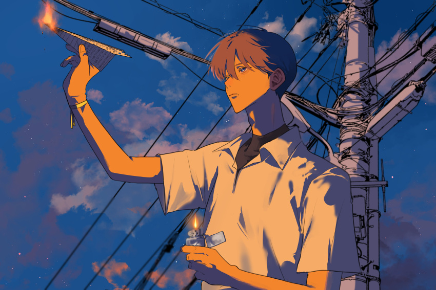 1boy, absurdres, adam's_apple, blue_eyes, blue_sky, brown_hair, closed_mouth, collared_shirt