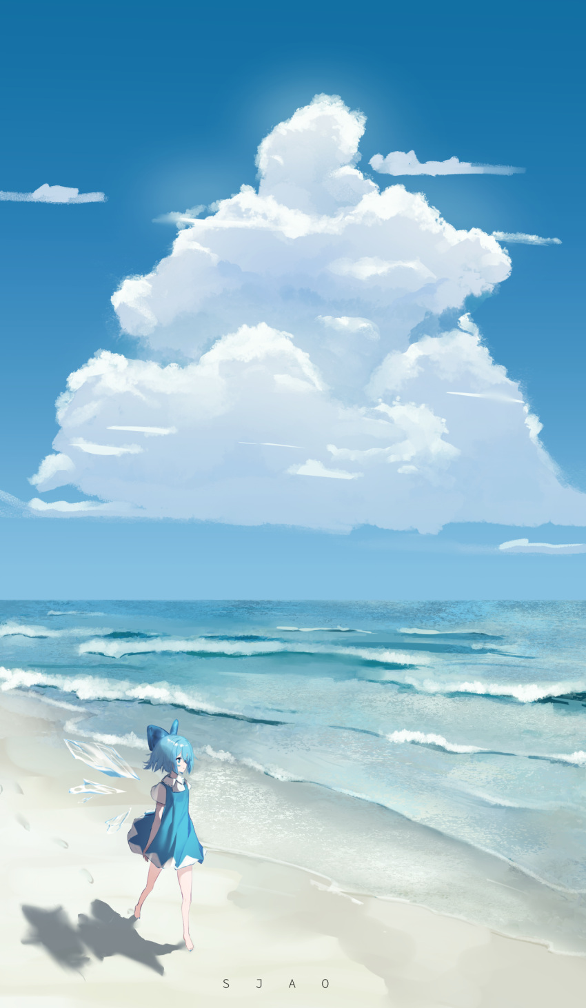1girl, arm_at_side, artist_name, bare_legs, barefoot, beach, blue_bow, blue_dress