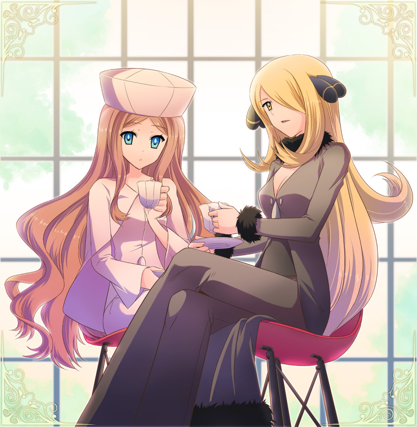 2girls, blonde_hair, blue_eyes, breasts, brown_hair, cattleya_(pokemon), cleavage, crossed_legs, cup, fur_trim, hair_ornament, hair_over_one_eye, hat, highres, long_hair, multiple_girls, nu_(ukskuj), pokemon, pokemon_(game), pokemon_black_and_white, pokemon_bw, pokemon_dppt, shirona_(pokemon), sitting, spoilers, tea, teacup
