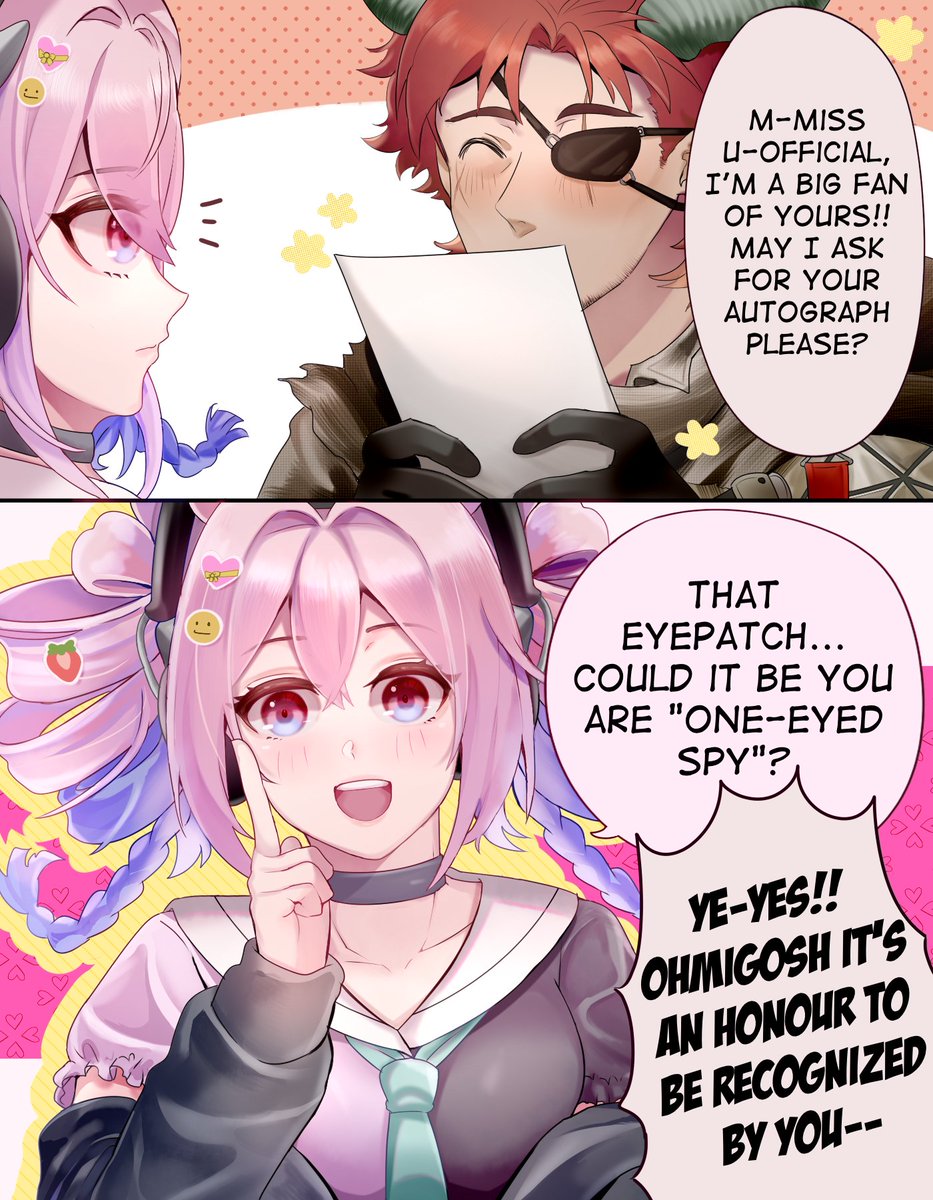 1boy, 1girl, arknights, black_headphones, blush, demon_boy, demon_horns, drill_hair