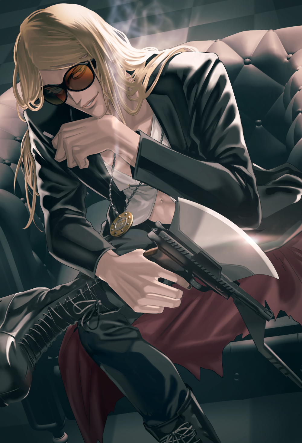 1boy, bevel, black_jacket, black_nails, blonde_hair, cigarette, coat, fate/grand_order