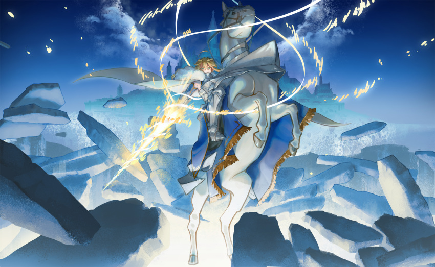 1girl, absurdres, ahoge, armor, armored_dress, artoria_pendragon_(fate), artoria_pendragon_(lancer)_(fate), blonde_hair, braid, breastplate, cape, cloak, crown, expressionless, fate/grand_order, fate_(series), french_braid, fur-trimmed_cape, fur-trimmed_cloak, fur_trim, gauntlets, glowing, glowing_weapon, green_eyes, hair_between_eyes, highres, holding, holding_weapon, horse, horseback_riding, lance, lion_king_(lancer)_(fate), looking_at_viewer, polearm, rhongomyniad_(fate), riding, shizuno_shizumu, sidelocks, solo, weapon