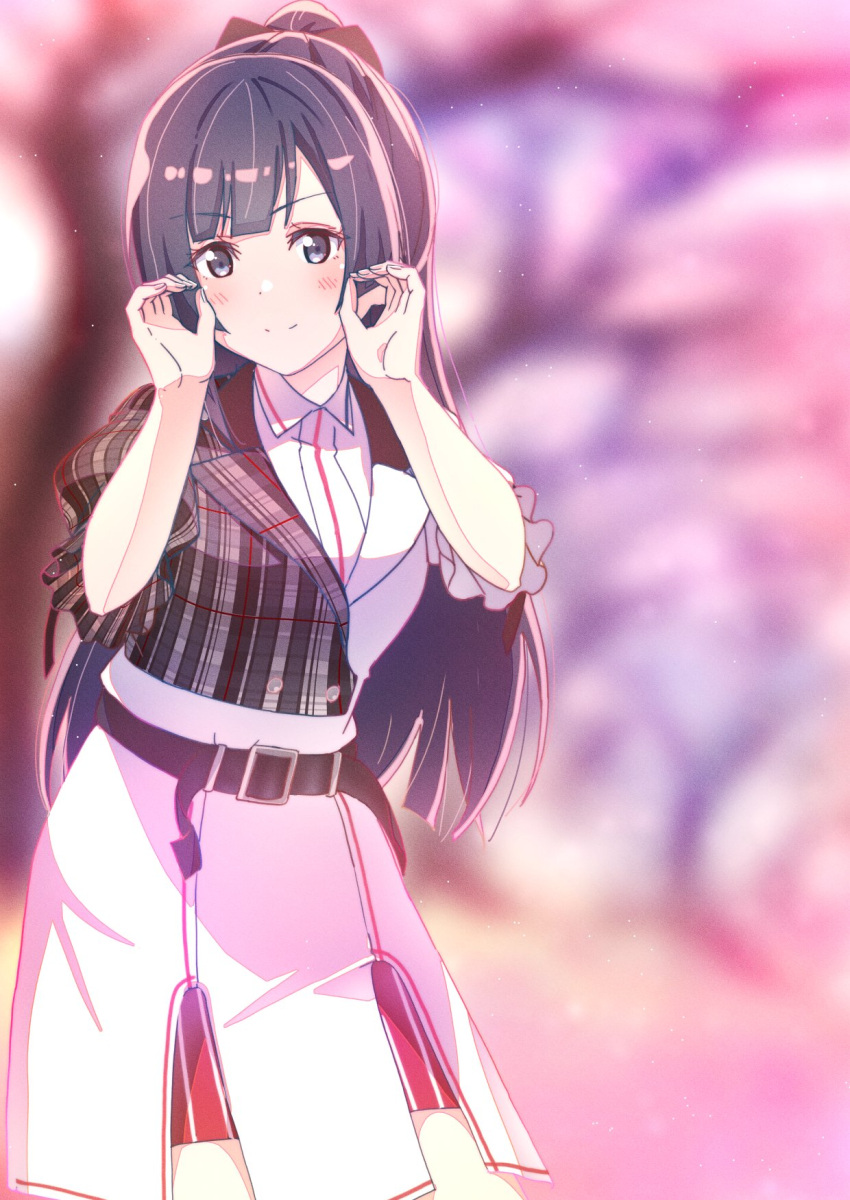 1girl, ajapar, alternate_hairstyle, belt, black_belt, black_hair, blurry, blurry_background, blush, cherry_bomb_(love_live!), closed_mouth, commentary_request, grey_eyes, grey_jacket, hands_up, highres, jacket, long_hair, looking_at_viewer, love_live!, love_live!_nijigasaki_high_school_idol_club, plaid, plaid_jacket, ponytail, puffy_short_sleeves, puffy_sleeves, short_sleeves, sidelocks, smile, solo, standing, swept_bangs, upper_body, v-shaped_eyebrows, white_jacket, yuki_setsuna