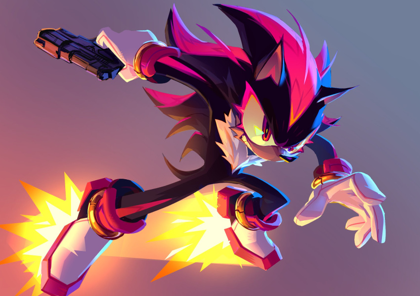 1boy, animal_ears, animal_nose, black_fur, black_hair, body_fur, closed_mouth, furry, furry_male, gloves, gun, handgun, highres, holding, holding_gun, holding_weapon, holographicros3, male_focus, red_eyes, red_fur, redhead, rocket_shoes, shadow_the_hedgehog, shoes, simple_background, sonic_(series), tail, weapon, white_gloves