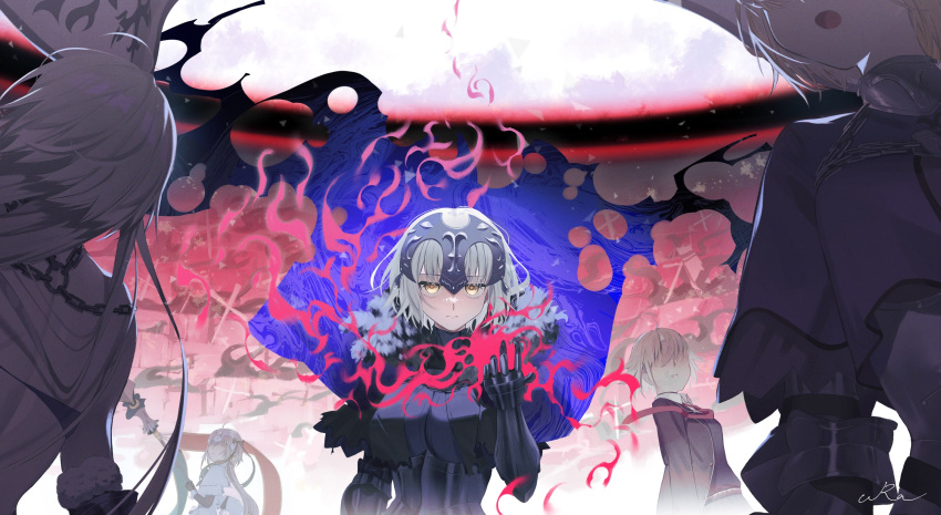 5girls, ahoge, armor, armored_dress, aro_16666, bare_shoulders, black_dress, black_gloves