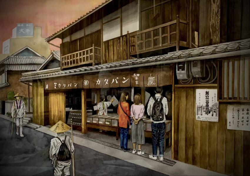 3girls, 8wh6tfac31rka8d, architecture, balcony, display, display_case, east_asian_architecture, hat