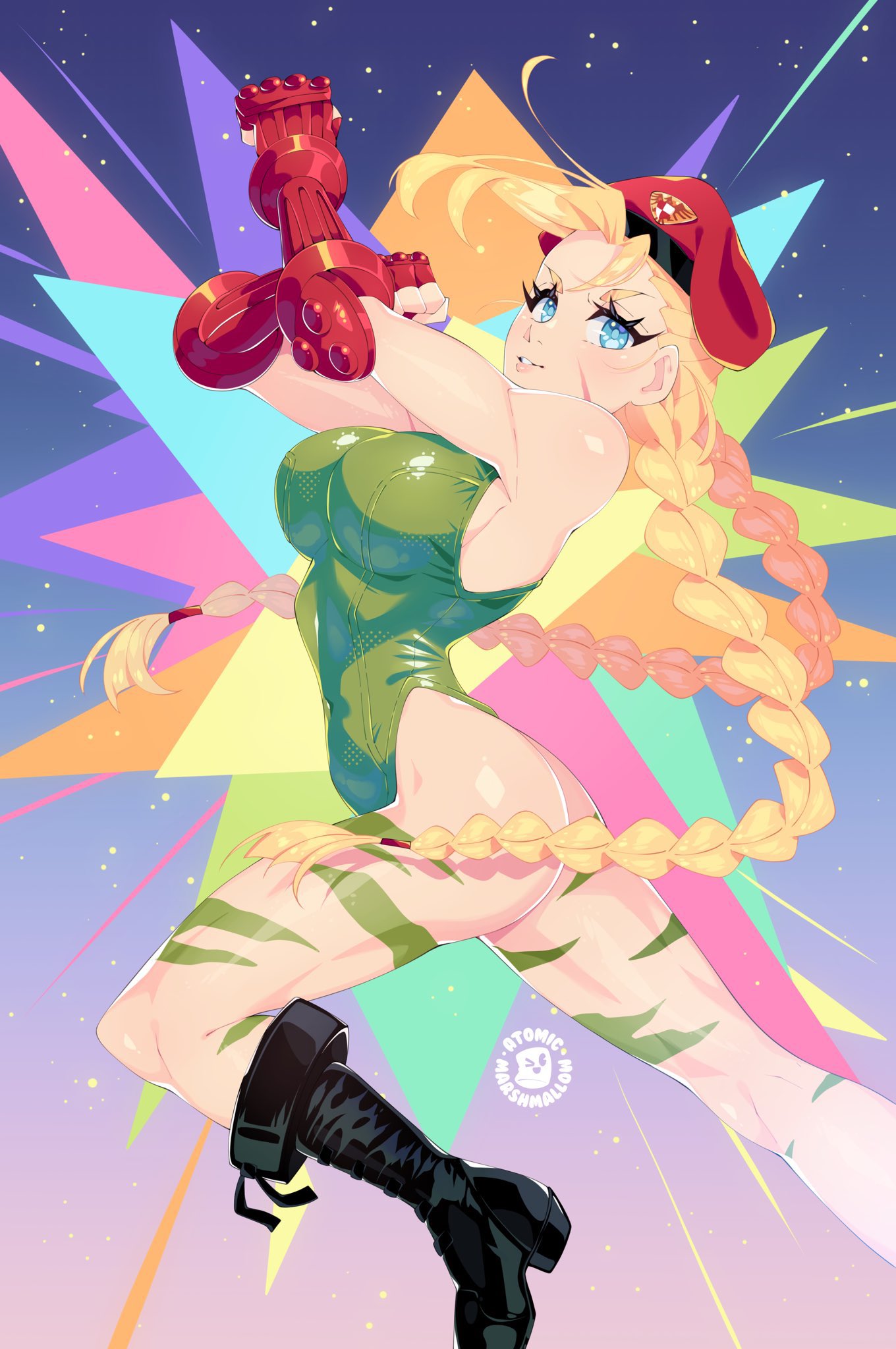 ahoge, atomicmrshmallw, beret, blonde_hair, blue_eyes, boots, braid, cammy_white, camouflage, fighting_stance, gauntlets, green_leotard, hat, highres, leotard, multicolored_background, narrow_waist, scar, scar_on_face, signature, street_fighter, twin_braids