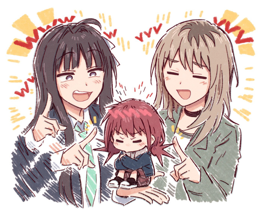 3girls, =_=, ahoge, awa_subaru, black_choker, black_footwear, black_hair, black_jacket
