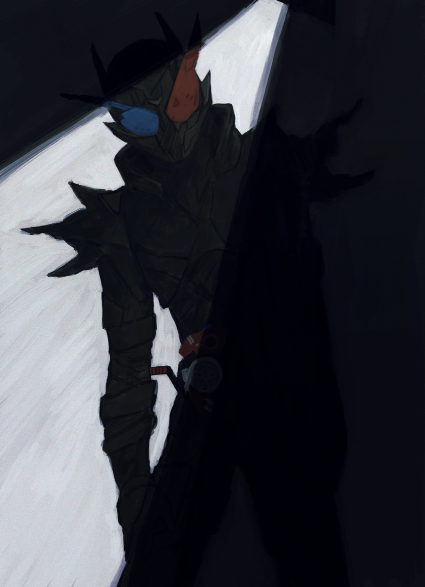 1boy, absurdres, armor, belt, black_armor, black_bodysuit, blue_eyes, bodysuit, build_driver, compound_eyes, debris, driver_(kamen_rider), fullbottle, hazard_trigger, helmet, highres, kamen_rider, kamen_rider_build, kamen_rider_build_(series), leaning_to_the_side, m1ontee, male_focus, rabbit+tank_form_(black_hazard), red_eyes, rider_belt, shoulder_armor, signature, solo, spiked_armor, spikes