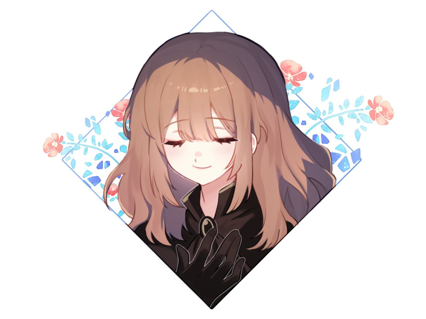 1girl, ascot, black_ascot, black_brooch, black_dress, black_gloves, brown_hair, catherine_(project_moon), closed_eyes, closed_mouth, dress, flower, gloves, hand_up, limbus_company, long_hair, project_moon, saccharhythm, sidelocks, simple_background, smile, solo, upper_body, white_background