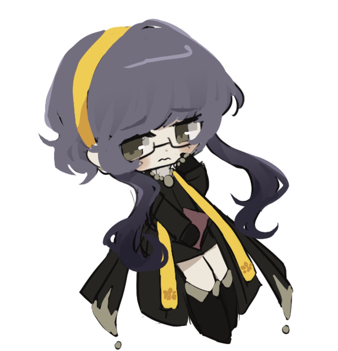 1girl, black_coat, black_footwear, black_gloves, black_skirt, boots, brown_eyes, chibi